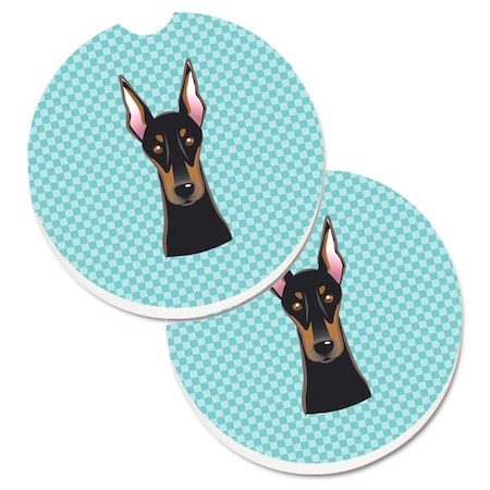 Carolines Treasures Checkerboard Blue Doberman Set of 2 Cup Holder Car Coaster BB1183CARC